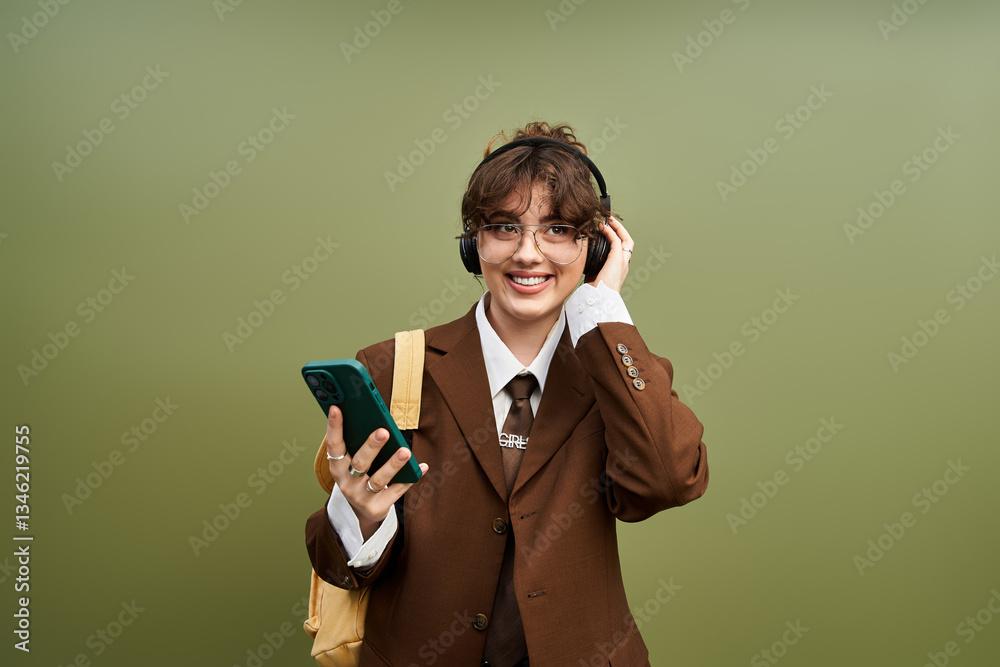 Young woman radiates style while enjoying music in trendy outfit against a green backdrop Young woman radiates style while enjoying music in trendy outfit against a green backdrop