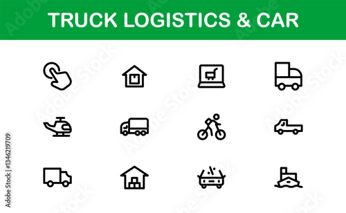 Professional Truck Logistics and Car Icon Set Vector Illustration. Featuring Essential Transportation, Delivery, and Vehicle Symbols photo