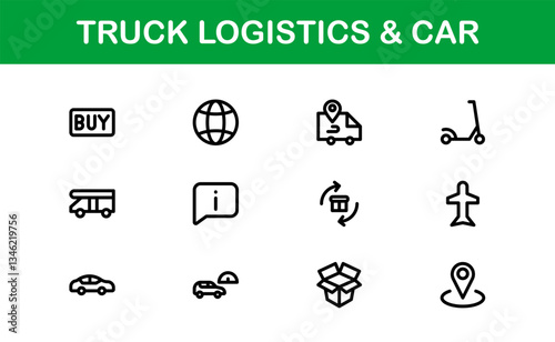 Professional Truck Logistics and Car Icon Set Vector Illustration. Featuring Essential Transportation, Delivery, and Vehicle Symbols photo