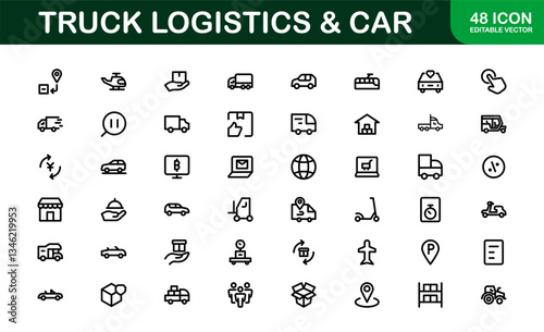 Professional Truck Logistics and Car Icon Set Vector Illustration. Featuring Essential Transportation, Delivery, and Vehicle Symbols photo