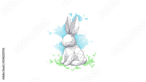 Polygonal Easter Bunny on cute background of colorful pixels. Happy Easter concept. Wireframe abstract white rabbit. Geometric animal. Digital vector illustration.