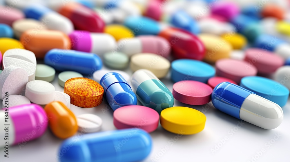 Colorful pills and tablets in various shapes, including round or square-shaped tablets and capsules, on a white background. Colorful pills and tablets in various shapes, including round or square-shaped tablets and capsules, on a white background.