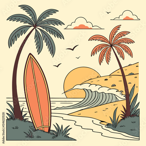 A vintage-style vector illustration of a surfboard on a beach, with palm trees, waves, and a setting sun, all in a 70s-inspired color palette for a nostalgic vibe.
