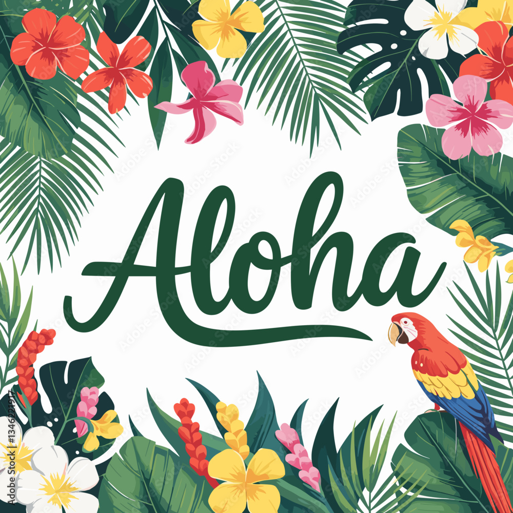 Naklejka premium Tropical Aloha Floral Design with Parrot