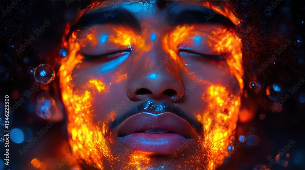 Illuminated face with swirling patterns in orange and blue hues Illuminated face with swirling patterns in orange and blue hues