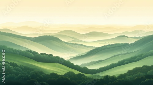 Serene mountain landscape at sunrise with rolling green hills and golden sky