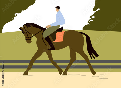 Horse riding. Horseman, equestrian on horseback. Horseriding, dressage activity. Man rider on stallion, trotting. Flat graphic vector illustration isolated on white background