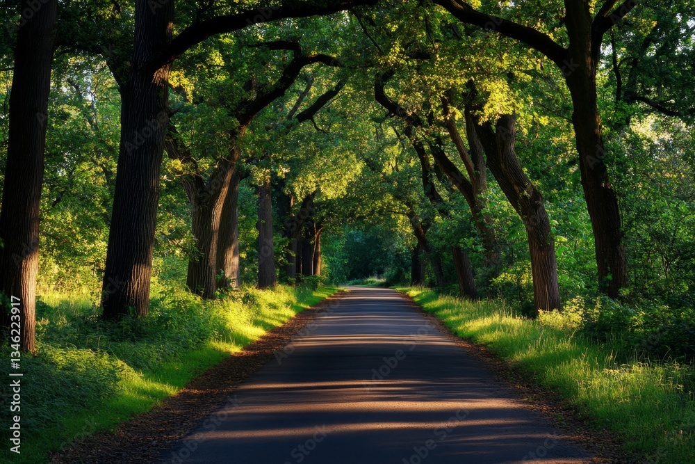 Naklejka premium A peaceful countryside road at sunset, with golden light casting long shadows on the pavement