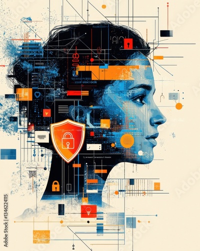 Profile of woman with digital security elements, abstract tech design, cybersecurity concept