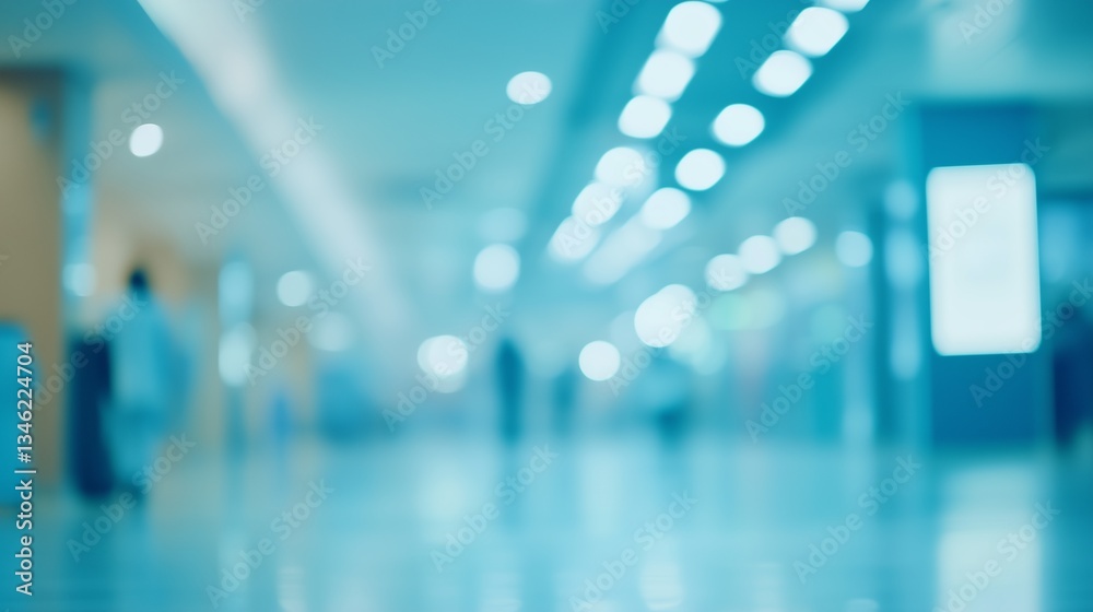 Fototapeta premium Blurred background of a hospital interior with medical equipment and people in motion.