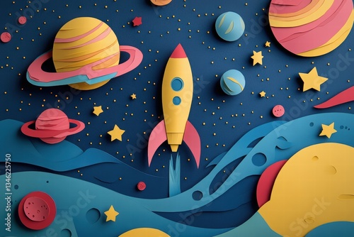 Cosmonautics Day. rocket soaring through space with planets and stars in a paper-cut style, set against a dark blue background. 