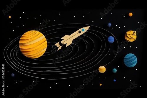 Cosmonautics Day. rocket soaring through space with planets and stars in a paper-cut style, set against a dark blue background. 