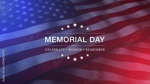 Memorial Day Celebrate Honor Remember Banner With Waving Flags And Light Flares Background Loop