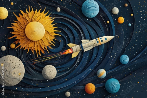 Cosmonautics Day. rocket soaring through space with planets and stars in a paper-cut style, set against a dark blue background. 
