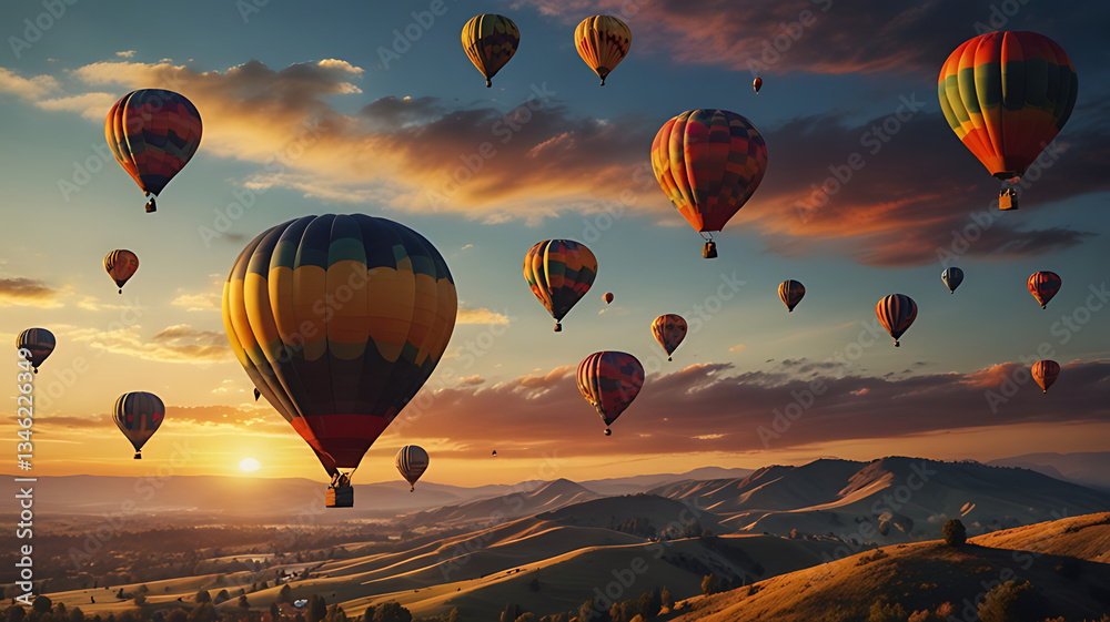 Naklejka premium Colorful hot air balloons ascend into a vibrant sunset sky, casting shadows over rolling hills. A serene and majestic aerial scene.