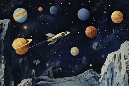 Cosmonautics Day. rocket soaring through space with planets and stars in a paper-cut style, set against a dark blue background. 