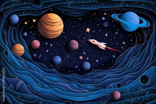 Cosmonautics Day. rocket soaring through space with planets and stars in a paper-cut style, set against a dark blue background. 