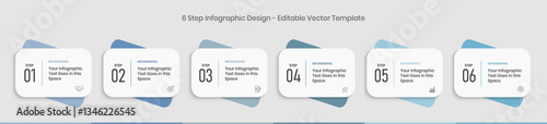 6 Steps Infographics Design Template - Graph, Pie chart, workflow layout, rectangular box diagram, timeline, report, presentation design template Editable Vector illustration on white background
