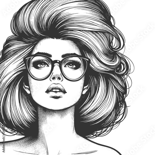 woman with large glasses and voluminous wavy hair, gazing thoughtfully sketch engraving generative ai fictional character vector illustration. Scratch board imitation. Black and white image.