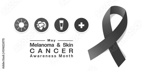 May is Melanoma And Skin Cancer Awareness Month. Sun, melanoma, sunscreen, plus icon and ribbon. Great for posters, banners, social media and more. White background.