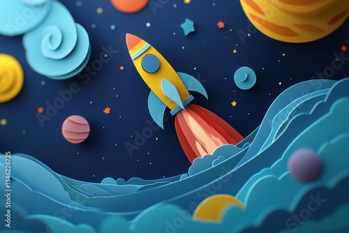 Cosmonautics Day. rocket soaring through space with planets and stars in a paper-cut style, set against a dark blue background. 