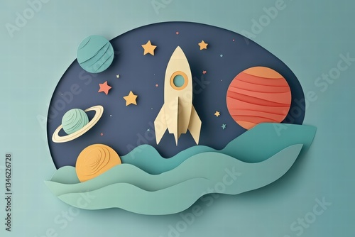 Cosmonautics Day. rocket soaring through space with planets and stars in a paper-cut style, set against a dark blue background. 