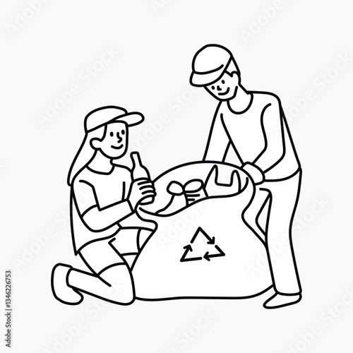 Volunteers sorting recyclable garbage doodle vector
