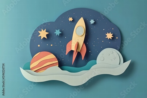 Cosmonautics Day. rocket soaring through space with planets and stars in a paper-cut style, set against a dark blue background. 