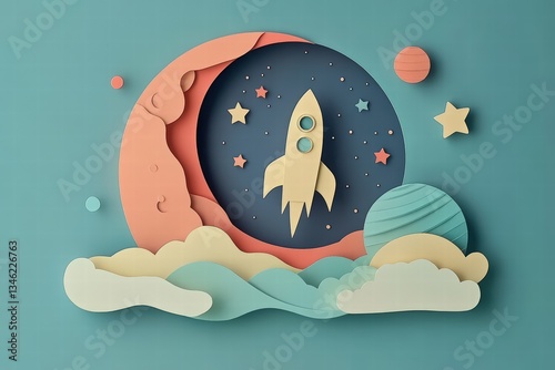 Cosmonautics Day. rocket soaring through space with planets and stars in a paper-cut style, set against a dark blue background. 