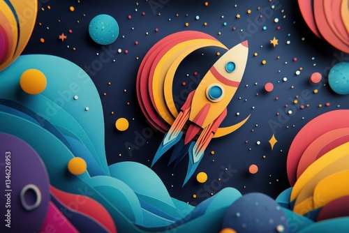 Cosmonautics Day. rocket soaring through space with planets and stars in a paper-cut style, set against a dark blue background. 