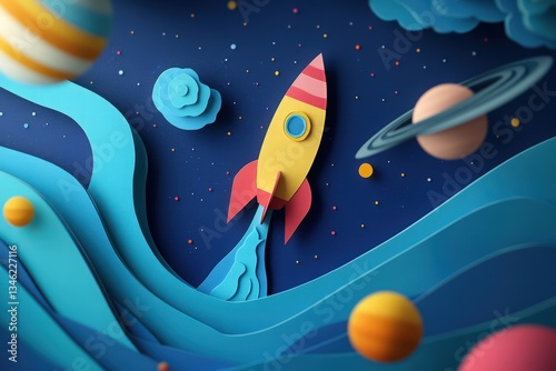 Cosmonautics Day. rocket soaring through space with planets and stars in a paper-cut style, set against a dark blue background. 