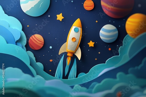 Cosmonautics Day. rocket soaring through space with planets and stars in a paper-cut style, set against a dark blue background. 