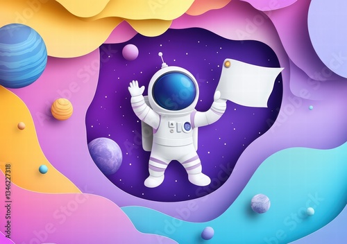 Cosmonautics Day. rocket soaring through space with planets and stars in a paper-cut style, set against a dark blue background. 