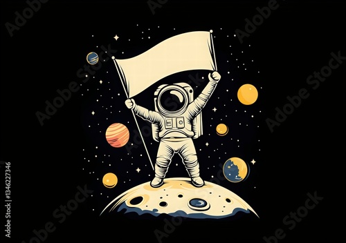 Cosmonautics Day. rocket soaring through space with planets and stars in a paper-cut style, set against a dark blue background.