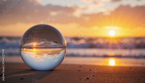 Crystal ball reflecting sunset on beach