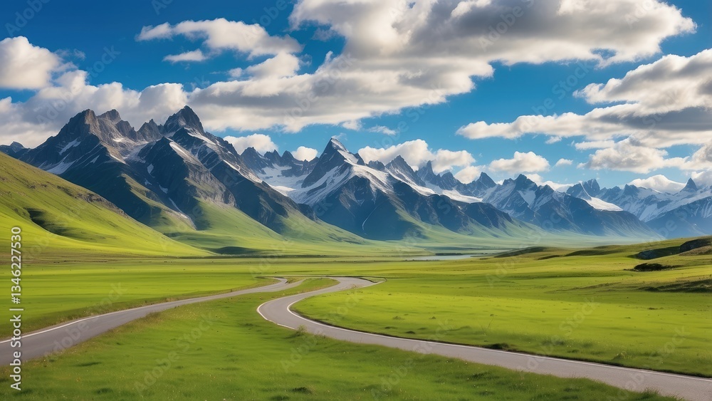A scenic view featuring a winding asphalt road bordered by vibrant green grass,