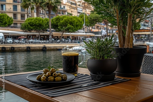A scenic cafÃ© table by the harbor, with a glass of pastis and a plate of olives under the shade of a striped awning