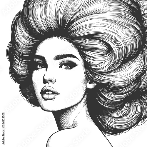 woman with an enormous, intricately curled hairstyle, blending surrealism, elegance, and vintage artistic style sketch engraving generative ai vector illustration. Scratch board. Black and white image