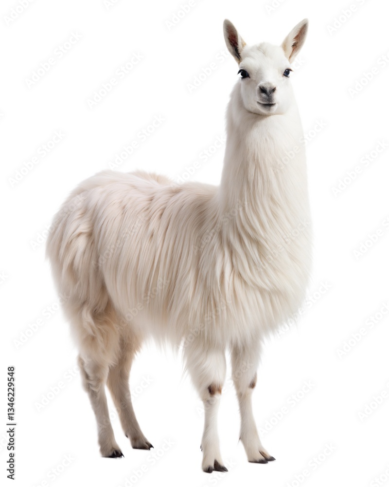 Obraz premium A majestic white llama stands gracefully, showcasing its fluffy coat against a clean backdrop.