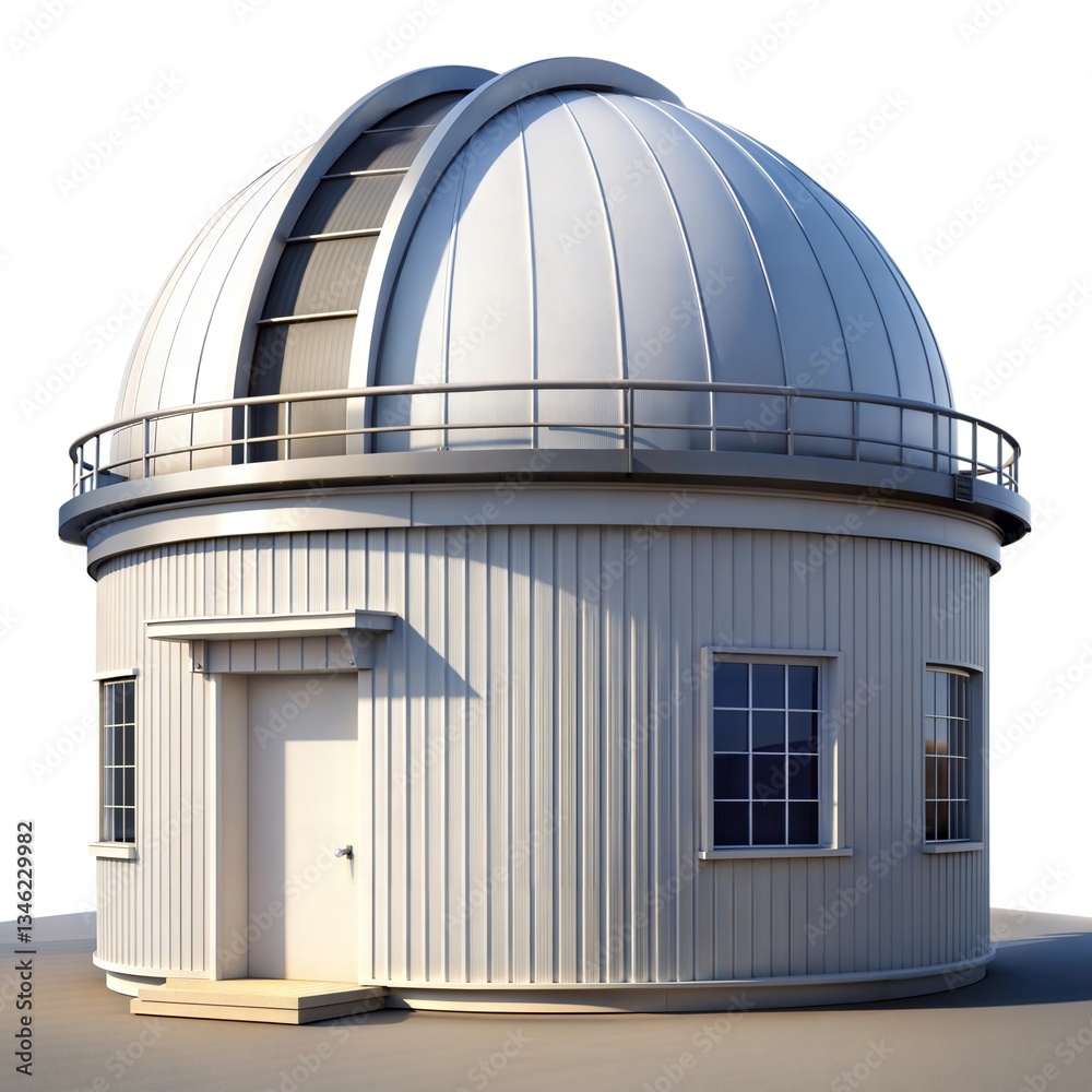Fototapeta premium A modern astronomical observatory with a silver dome, wooden siding, and a welcoming door.