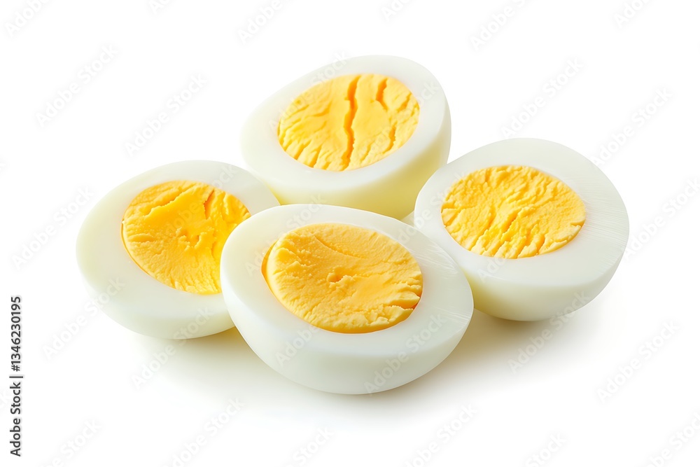 Four halved hard-boiled eggs isolated on white. Four halved hard-boiled eggs isolated on white.