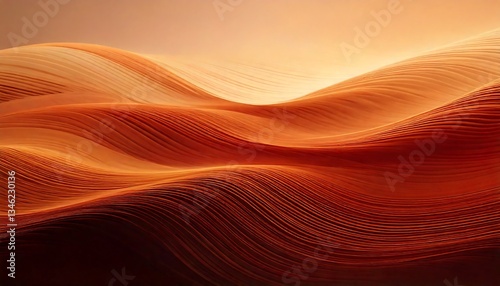 Undulating waves in warm hues of orange and red create a fluid, abstract design. The smooth, flowing lines resemble layered fabric or sand dunes, evoking a sense of motion. 