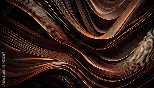 Fluid, abstract design featuring undulating wave patterns in warm tones of copper and bronze. The image showcases smooth, flowing lines that overlap and intertwine