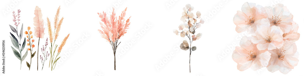 A boho style watercolor illustration features a white background with a bouquet of dry plants made up of pink and beige tropical leaves A boho style watercolor illustration features a white background with a bouquet of dry plants made up of pink and beige tropical leaves