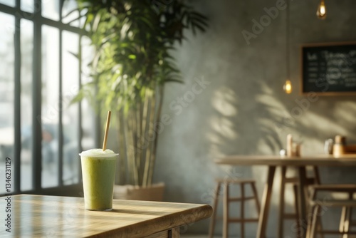 Enjoying Green Smoothie Drink with Straw in a Relaxing Cafe