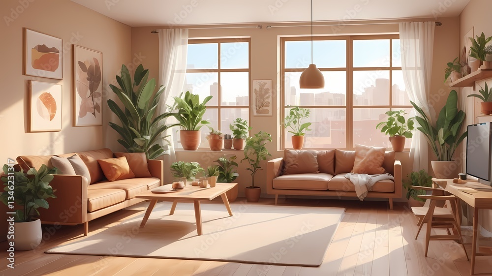 Warm and inviting small apartment with natural light, cozy furniture, indoor plants, and earthy tones, 3D rendering Warm and inviting small apartment with natural light, cozy furniture, indoor plants, and earthy tones, 3D rendering