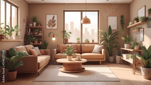 Warm and inviting small apartment with natural light  cozy furniture  indoor plants  and earthy tones  3D rendering