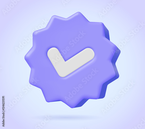 Authentication and verification badge icon. Minimalist polygon star with checkmark for approval and success. Secure validation symbol in purple. Three dimensional vector illustration for website, prin
