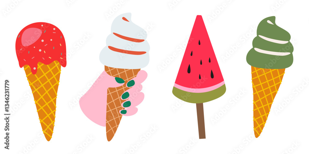 Hand drawn ice cream vector collection. Summer sweet food. Fruit ice cream in a waffle cone Hand drawn ice cream vector collection. Summer sweet food. Fruit ice cream in a waffle cone