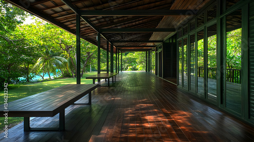 Long Wooden Walkway With Shadow Pattern Under Covered Wooden Roof and Natural Light with Green Trees Landscape